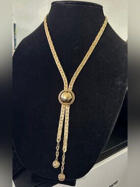 Vintage Gold Tone Wheat Chain Lariat Necklace 22" with Filigree Ball Drops
